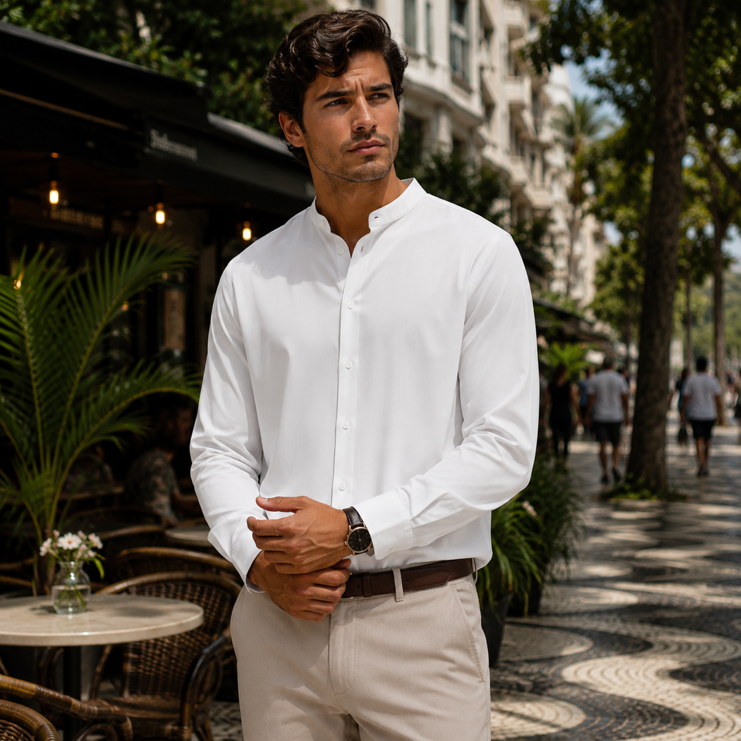 Camisa masculina de linho respirável, manga longa com botões, ideal para verão casual.