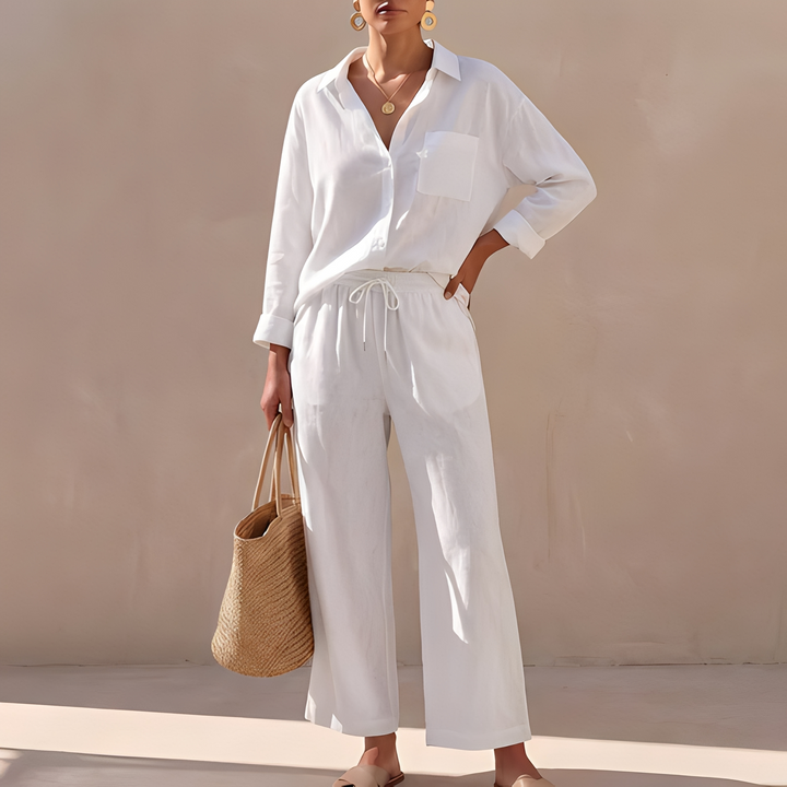 Coordenado feminino moderno: camisa e calça larga. Conjunto de moda verão, chique, estiloso e confortável.