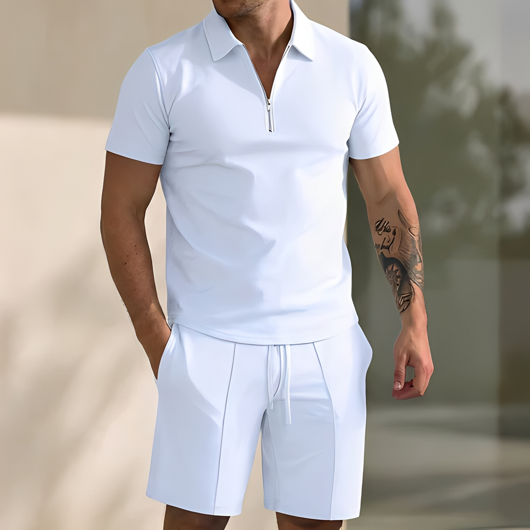 Roupa casual masculina de verão: conjunto de 2 peças com polo e calções. Perfeito para viagens e conforto.