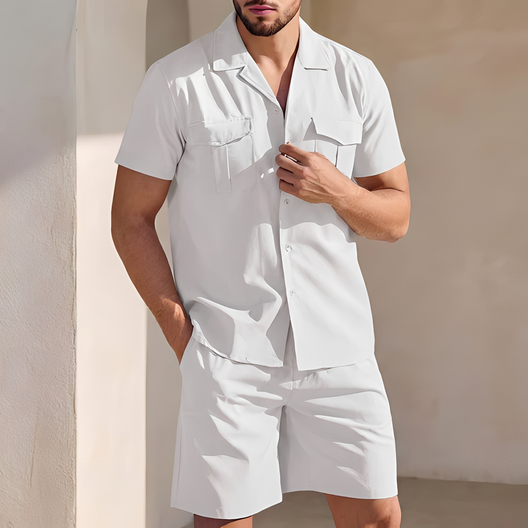 Roupa de verão masculina Randel, conjunto casual com shorts e camisa para o dia a dia e viagens.