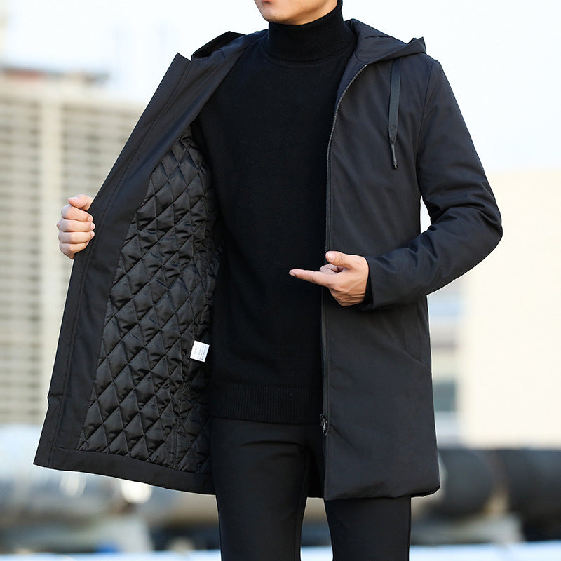 Parka de inverno masculina elegante, com capuz, oferece proteção contra o frio e estilo casual para moda masculina.