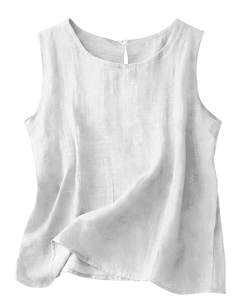 Colete feminino de algodão e linho, gola redonda, sem mangas. Peça essencial para o verão casual.