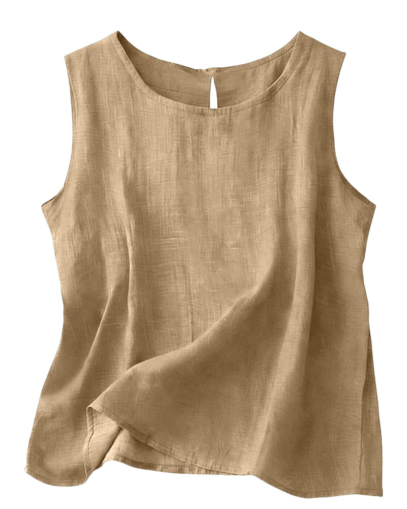 Roupa feminina: colete de linho e algodão, sem mangas, gola redonda. Perfeito para primavera e verão.