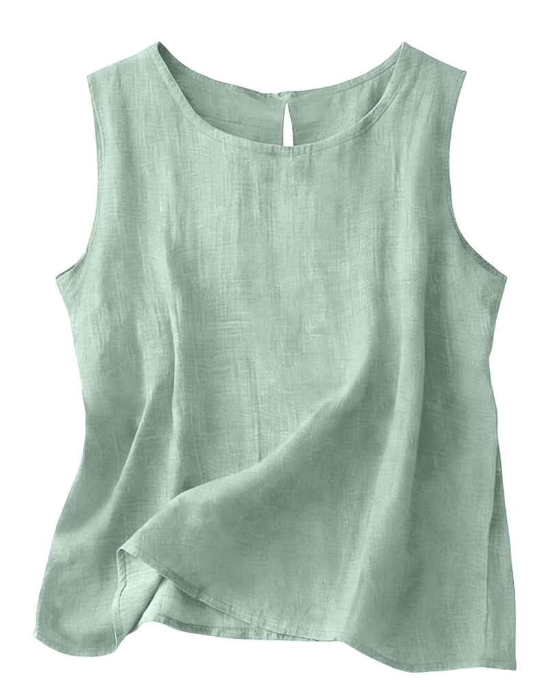 Moda praia: colete feminino leve de algodão e linho, gola redonda, sem mangas. Ideal para dias quentes.