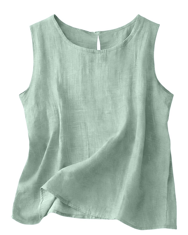 Moda praia: colete feminino leve de algodão e linho, gola redonda, sem mangas. Ideal para dias quentes.