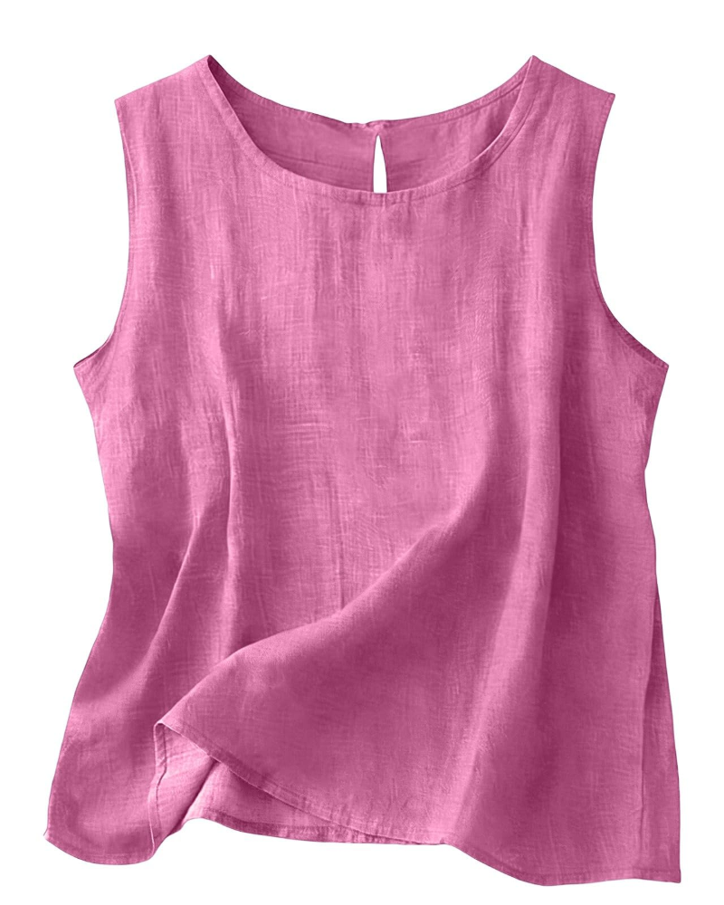 Elegante colete feminino de linho e algodão, gola redonda, sem mangas. Versátil para o verão.