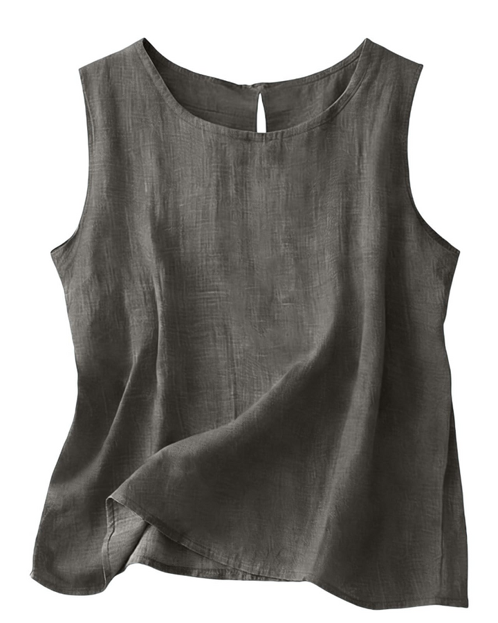 Colete feminino casual de algodão e linho, gola redonda, sem mangas, leve e confortável para o verão.