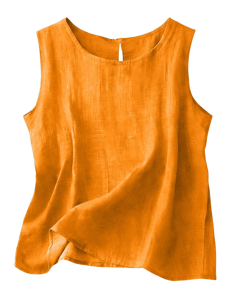 Colete feminino casual de linho e algodão, gola redonda, sem mangas. Conforto e estilo para o verão.