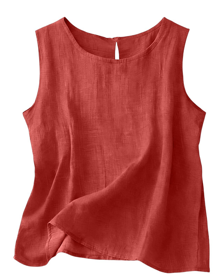 Colete feminino de algodão e linho, gola redonda, sem mangas. Roupa leve e fresca para primavera/verão.