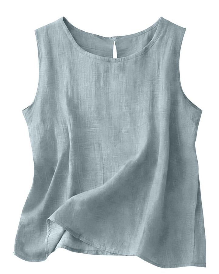 Colete de verão feminino em algodão linho, gola redonda, sem mangas. Estilo leve e confortável.