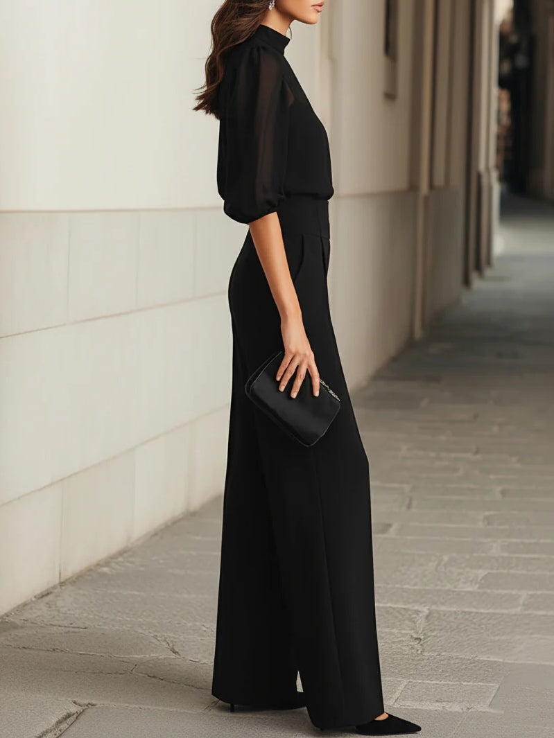 Conjunto elegante preto feminino em chiffon, versátil para diversas ocasiões. Peças de moda com estilo chic.