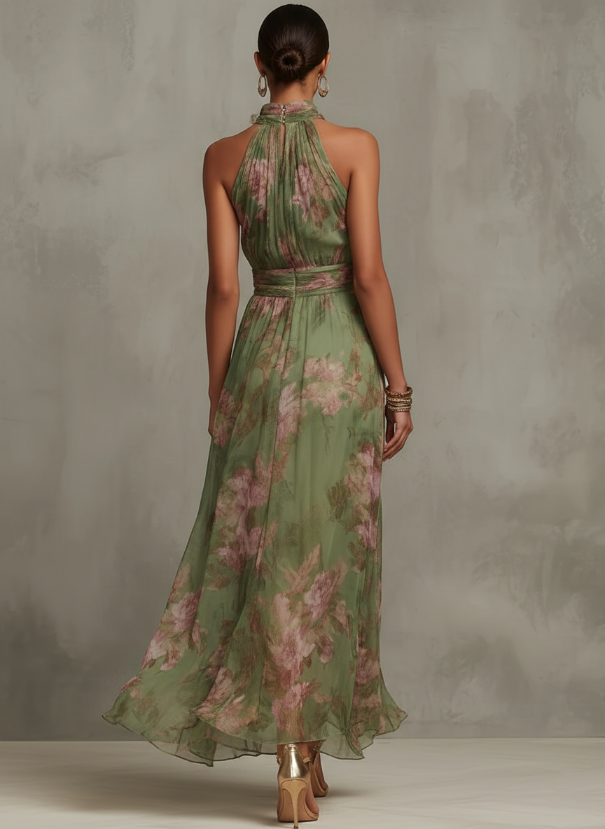 Vestido feminino comprido verde com estampado floral. Roupa elegante para festas, moda mulher.