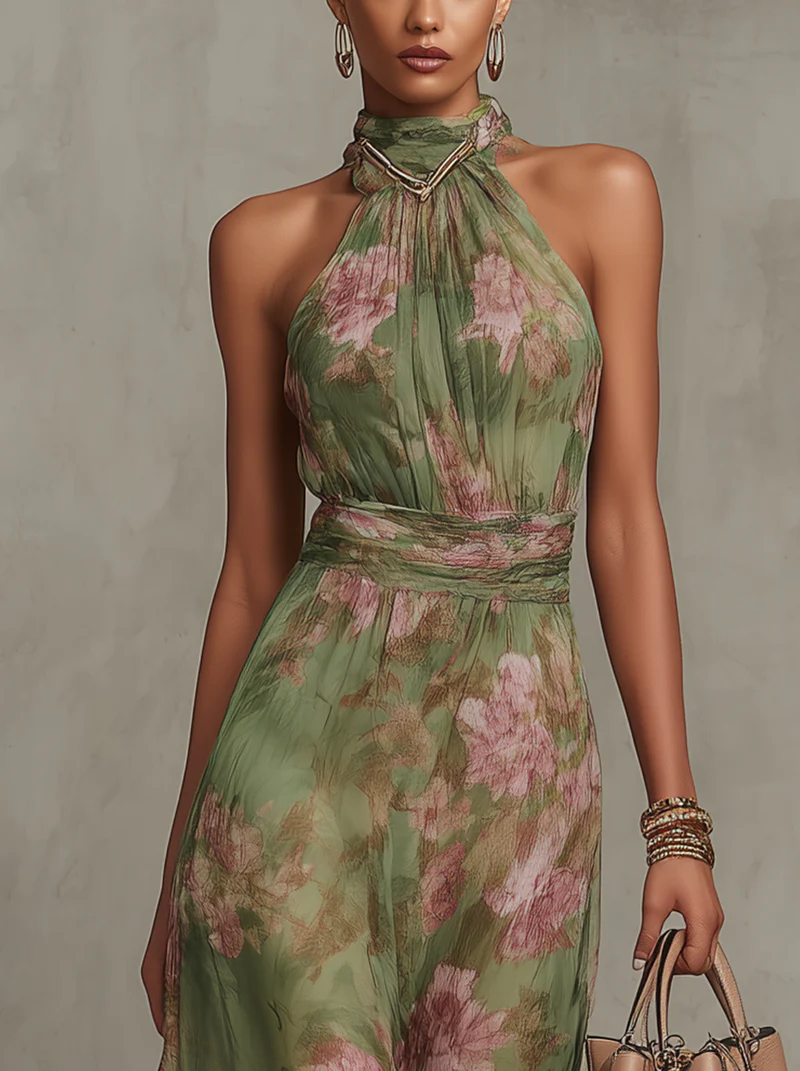 Vestido de festa maxi verde floral, decote halter. Vestido feminino elegante, ideal para celebrações.