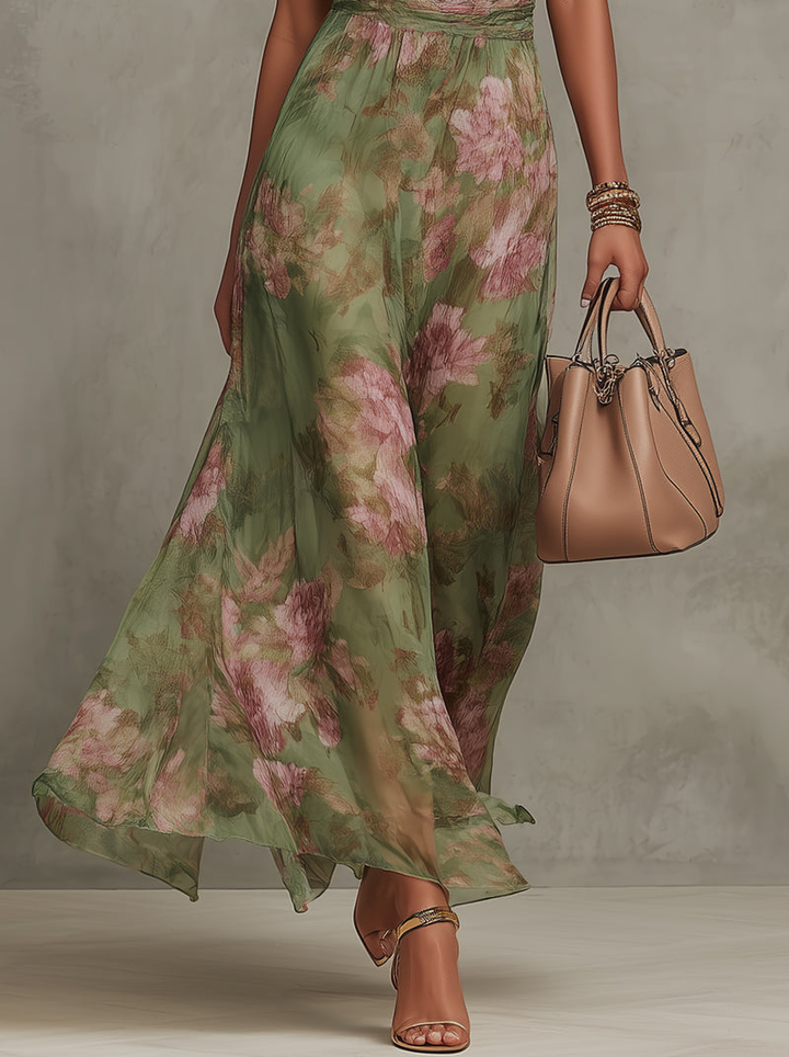 Vestido feminino elegante verde floral, estilo maxi. Ideal para festas, eventos e moda mulher.