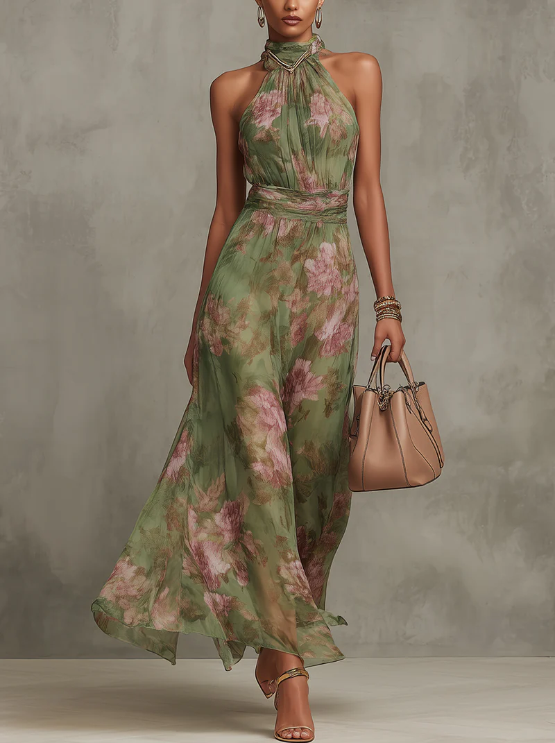 Vestido maxi floral verde elegante para festas, decote halter. Perfeito para celebrações e ocasiões especiais.