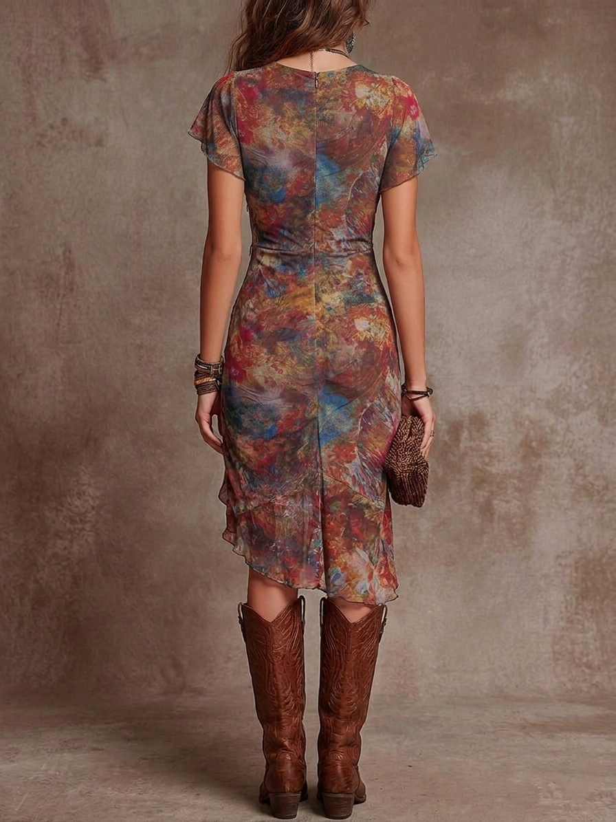 Vestido midi feminino vermelho ferrugento, decote V, plissado e estampa boémia, para um look de verão chic.