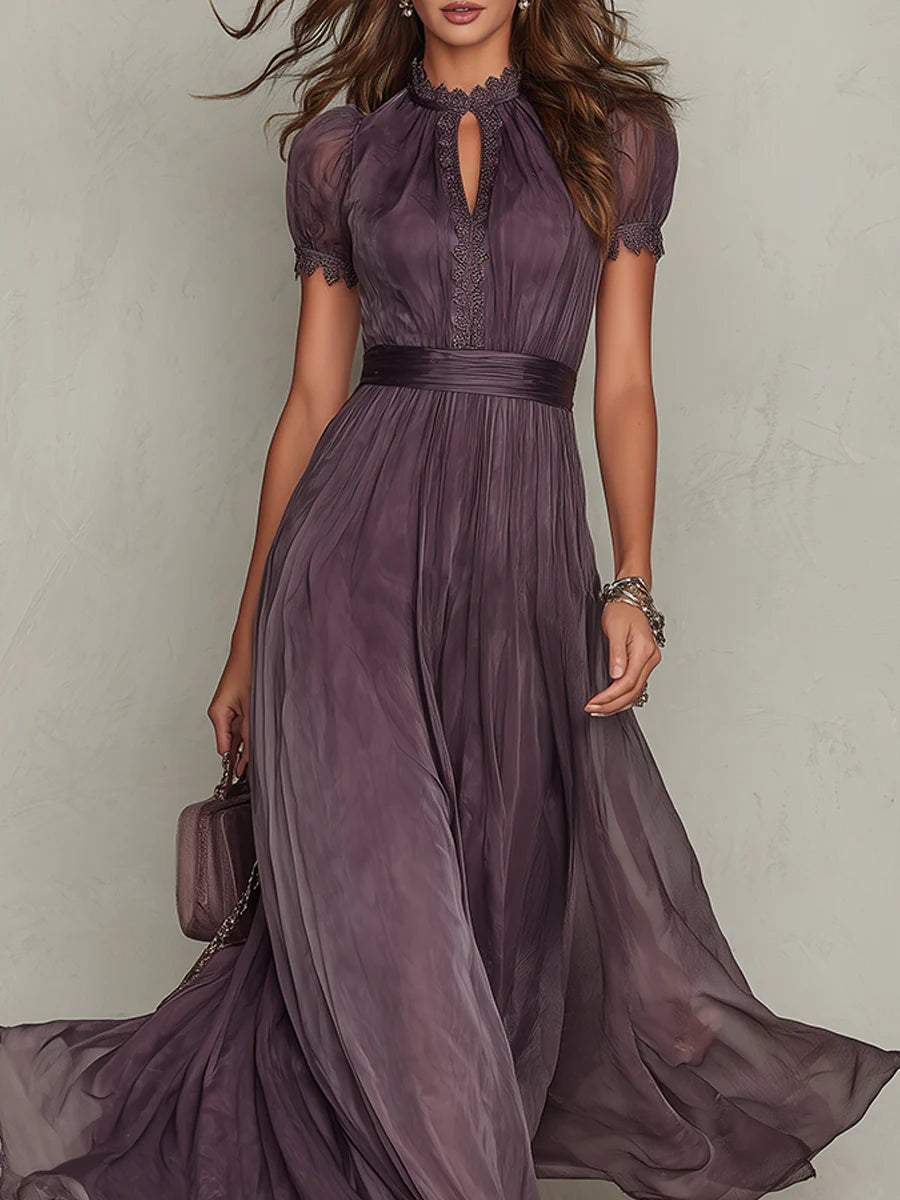 Vestido longo violeta feminino, decote chave elegante. Ideal para festas, verão e moda primavera sofisticada.