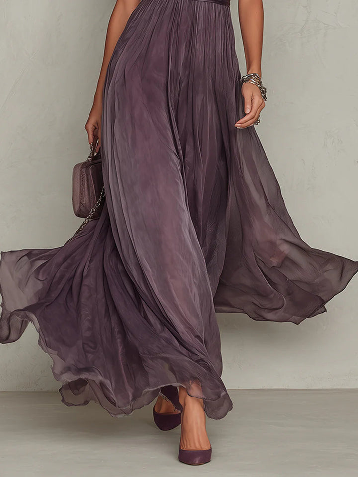 Elegante vestido longo violeta feminino, decote chave. Perfeito para eventos especiais, primavera e verão.