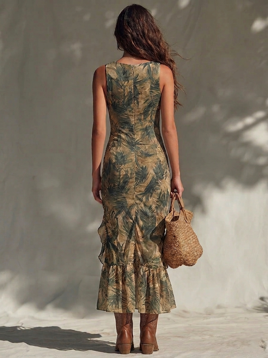 Vestido longo casual feminino, estampado com fenda. Peça fluida e confortável para dias quentes de verão.