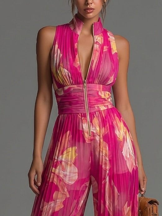 Roupa feminina elegante, conjunto floral de musselina com cintura marcada, ideal para cerimónias de verão.