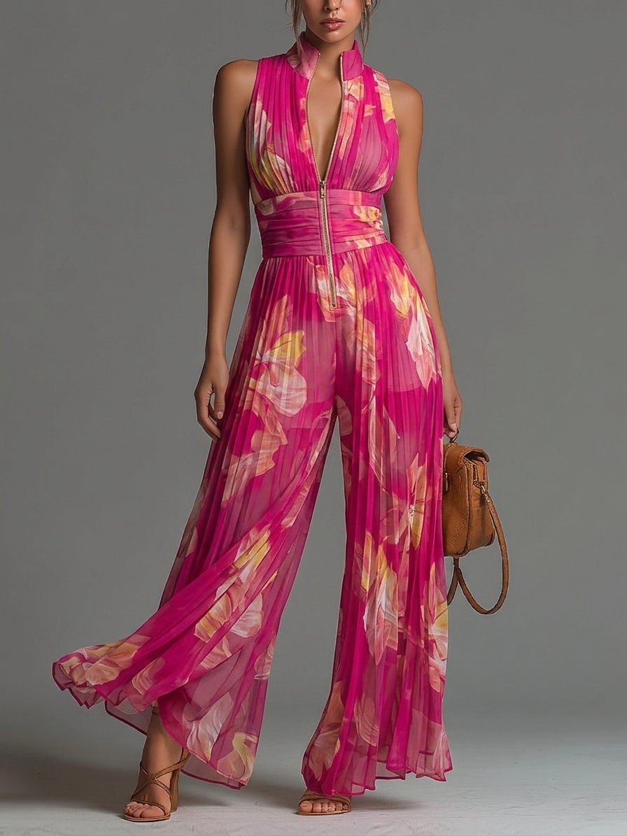 Conjunto feminino elegante floral de musselina com decote V e cintura marcada, perfeito para verão e cerimónias.