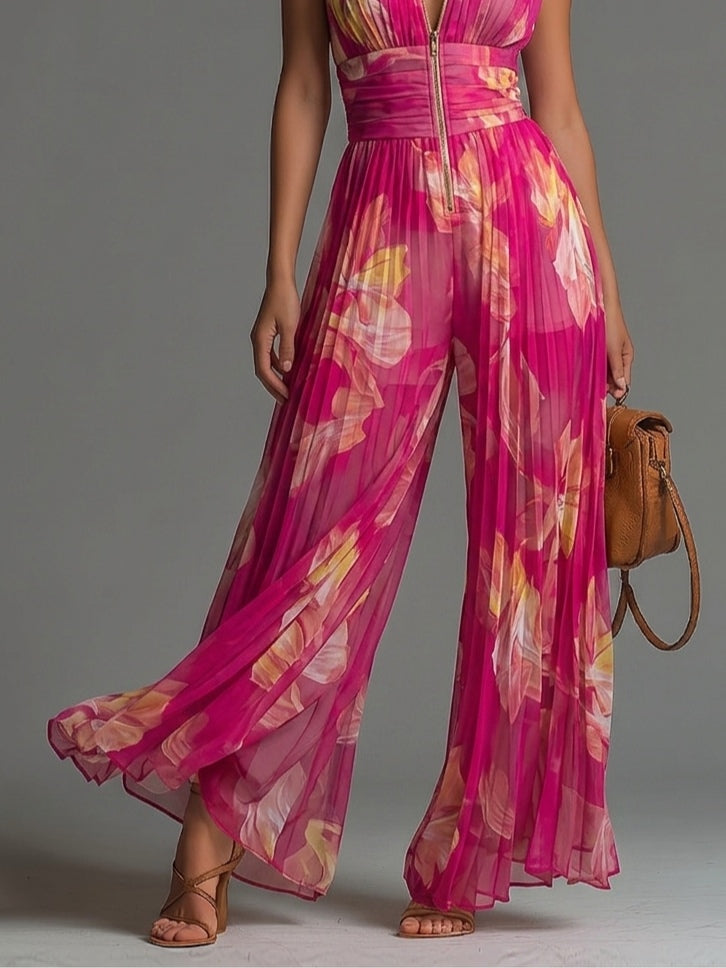 Conjunto elegante de duas peças feminino, floral, em musselina leve, com decote V e calça de perna larga.