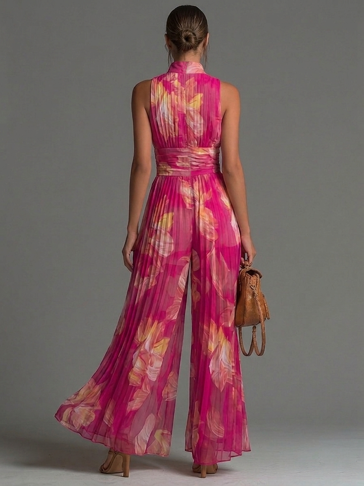 Conjunto feminino floral leve e confortável de musselina com decote V e calça de perna larga para verão.