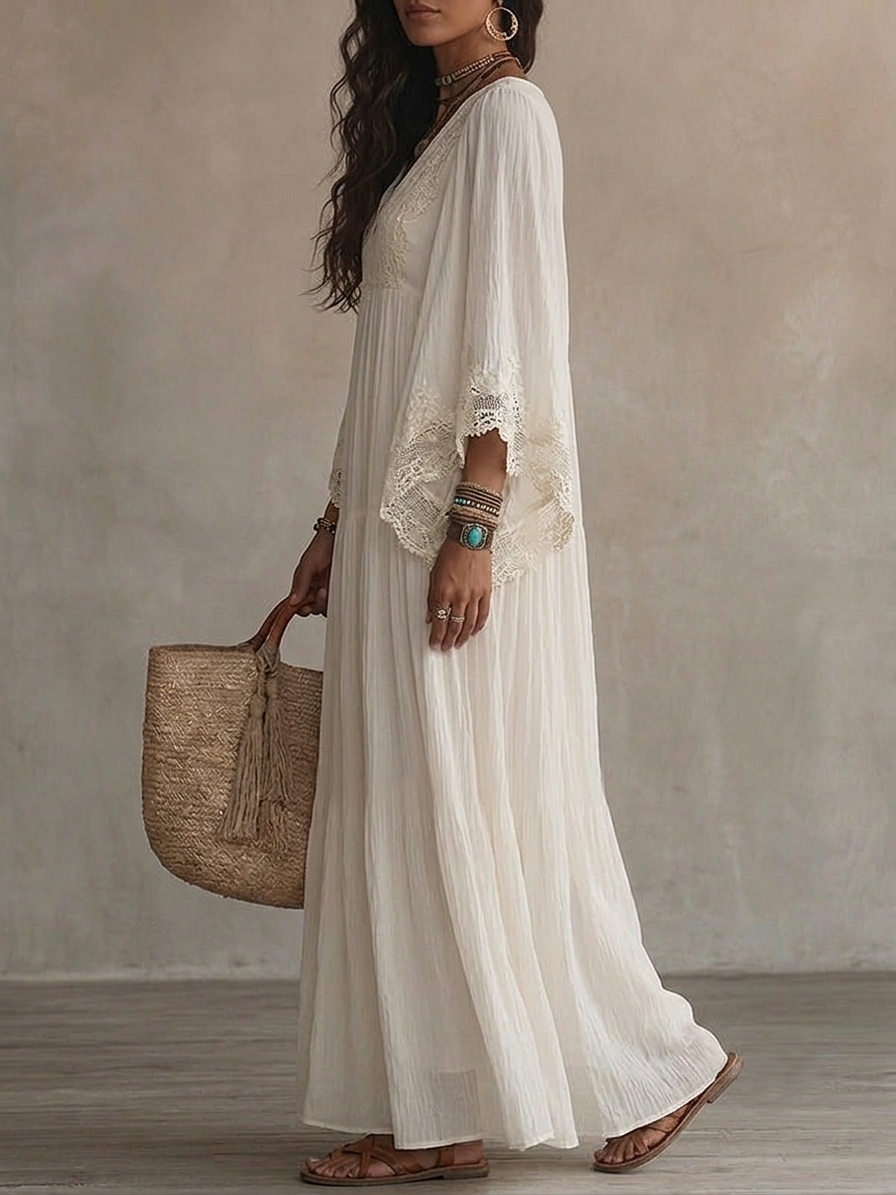 Vestido branco longo feminino para praia, verão ou casual chic. Decote V profundo e silhueta fluida. Moda feminina.
