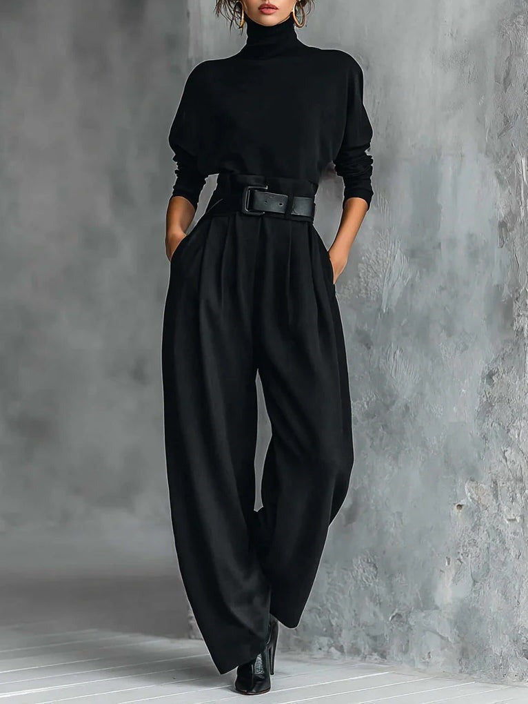 Conjunto feminino elegante com gola alta e calças retas. Look versátil para o dia a dia, disponível em cinza, castanho e preto.