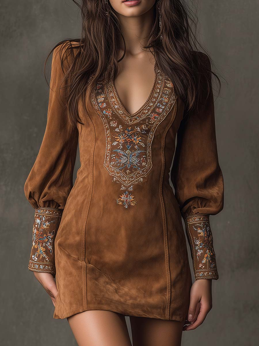 Robe curta feminina elegante efeito camurça, decote V, perfeita para o verão e ocasiões especiais.