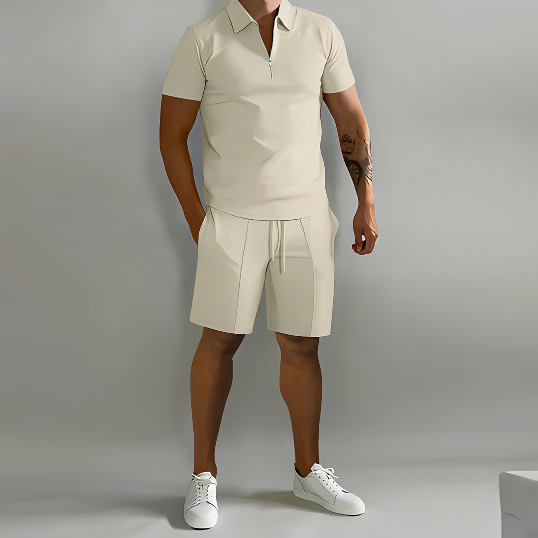 Conjunto masculino verão: polo e shorts, estilo casual e conforto para praia ou viagem.