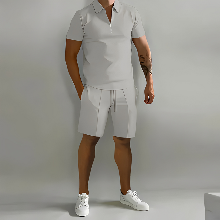 Conjunto de verão: polo masculina e shorts combinando. Peça casual e moderna para moda homem.