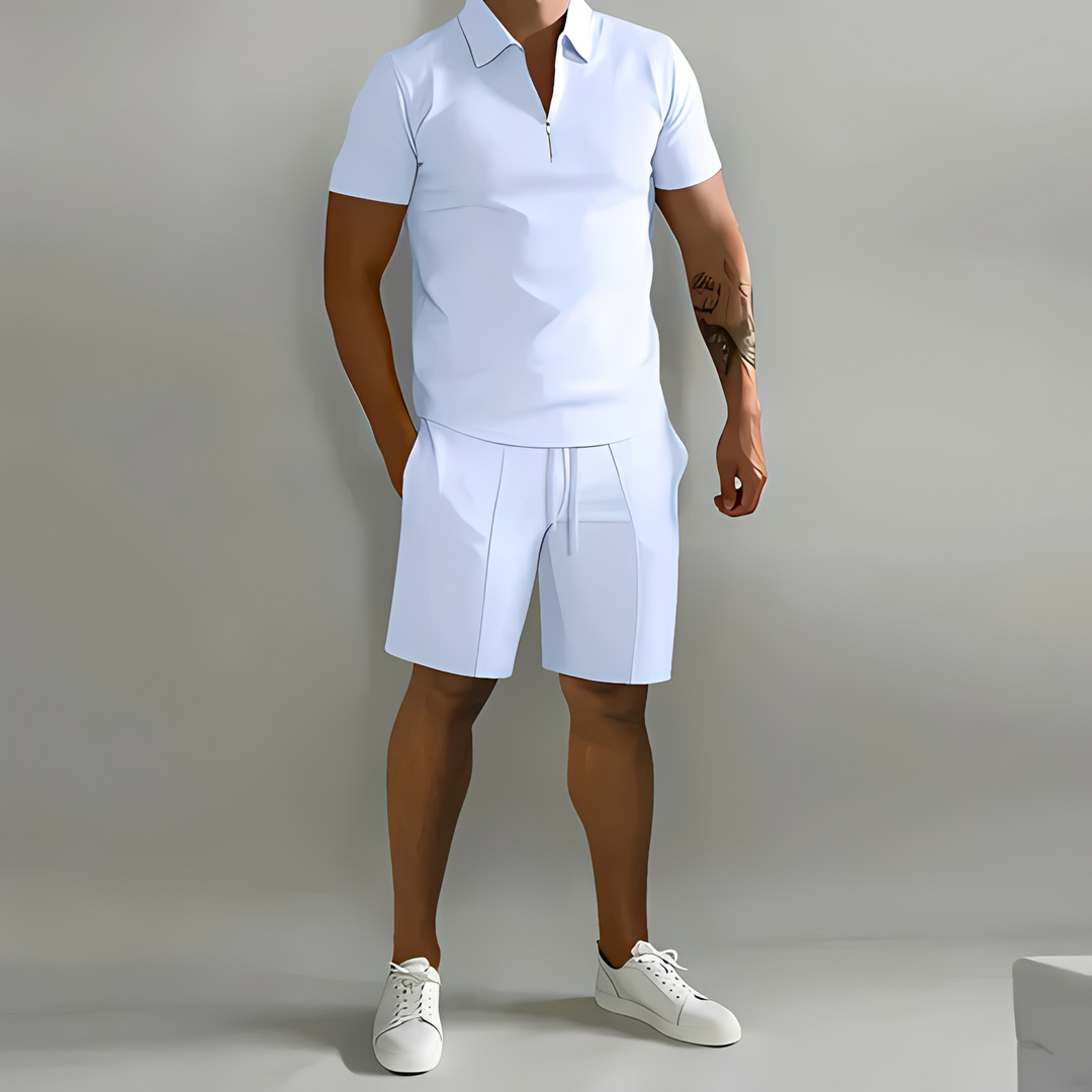 Conjunto masculino confortável: polo e shorts. Roupa de verão leve para homem, perfeita para o dia a dia.