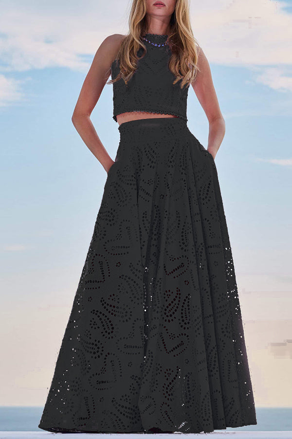 Set de duas peças feminino: saia midi bordada e top cropped, para uma festa inesquecível.