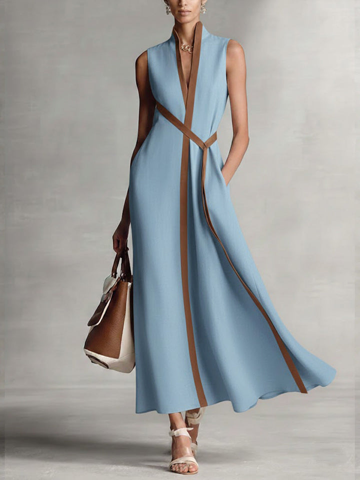 Vestido feminino sem mangas Elira com colarinho mandarim, ideal para moda mulher. Peça confortável de vestuário descontraído.