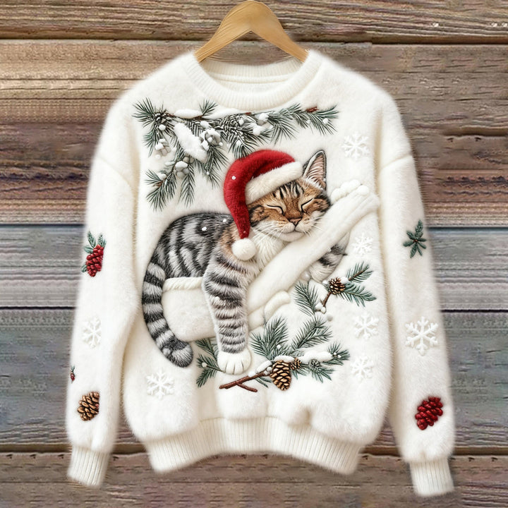 Camisola de Natal unissex com gato adormecido em efeito 3D. Uma peça festiva e aconchegante para o inverno.