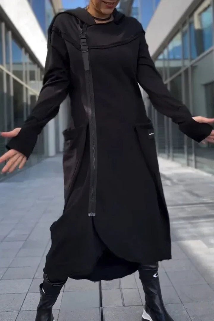 Moletom jaqueta feminina longa com zíper, capuz e design moderno para um visual estiloso e aconchegante.