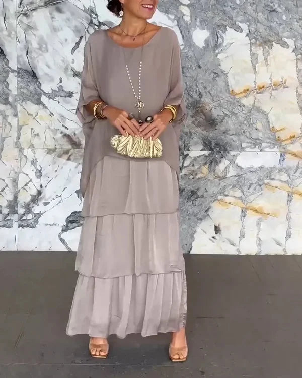 Vestido feminino Evelyn elegante com camadas fluidas, ideal para festas, celebrações e ocasiões especiais de verão.