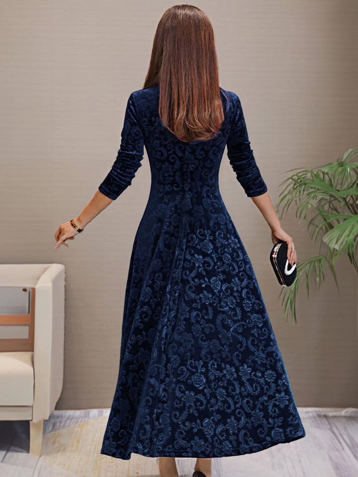 Vestido de festa feminino elegante, decote V, mangas longas, ideal para noites de outono inverno.