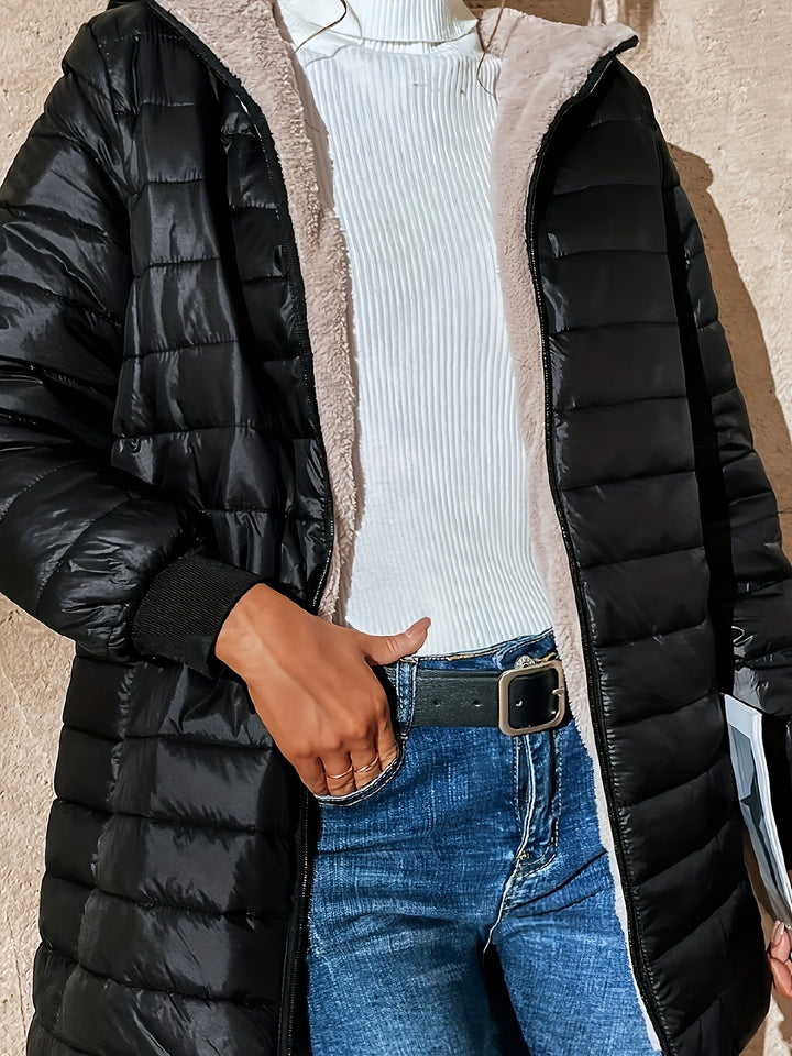 Jaqueta longa feminina com zíper, para outono e inverno, peça casual e elegante de moda.
