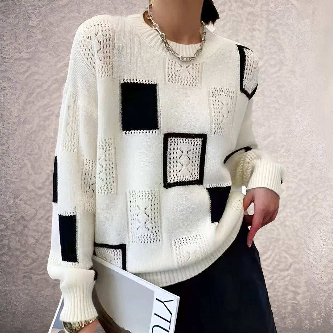 Suéter feminino elegante de inverno, branco/preto, oferece conforto e estilo versátil para moda casual e chic.