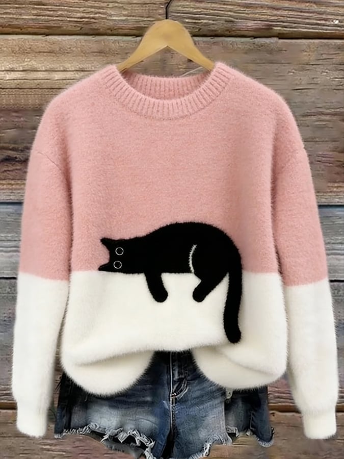 Camisola de malha feminina com design de gato, ideal para um look casual e super aconchegante.
