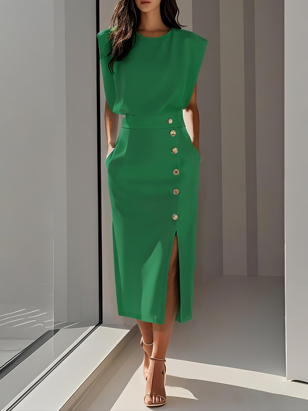 Vestido feminino midi Aina, decote redondo, fenda, estilo casual chic p/ verão, roupa diária.