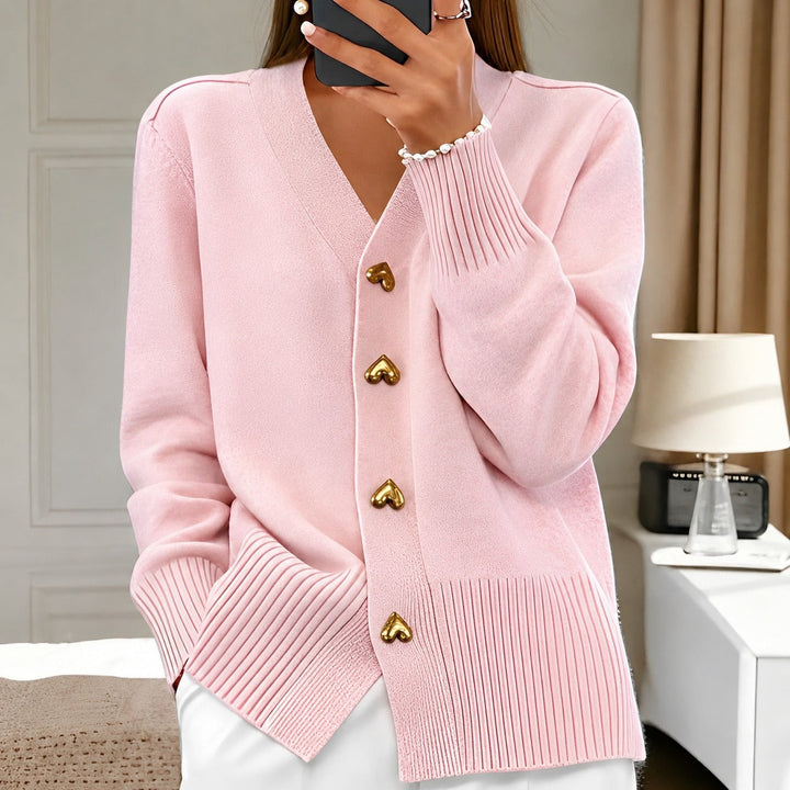 Cardigã feminino de inverno e outono, modelo casual e confortável com botões decorativos.