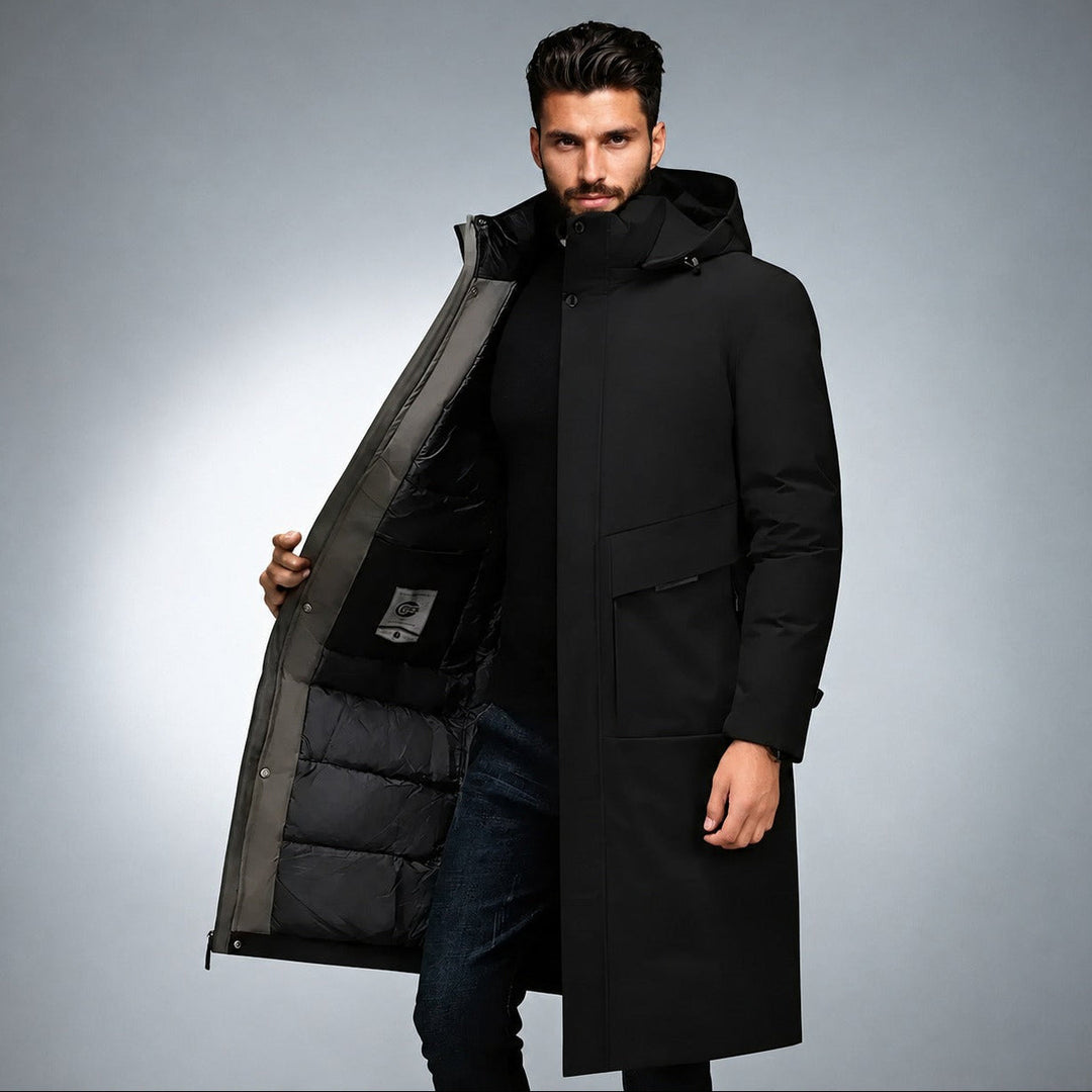 Agasalho de inverno masculino quente, casaco longo com capuz para máximo conforto e proteção.