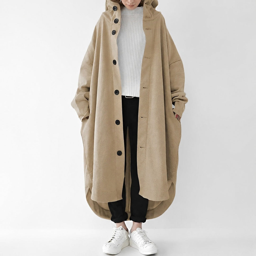 Trench coat feminino tendência, modelo longo e solto para um look elegante e casual de outono/inverno.