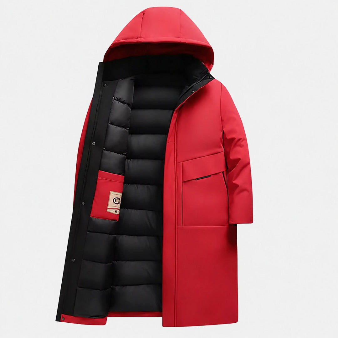 Casaco masculino longo e quente de inverno com capuz, perfeito para moda masculina no frio.