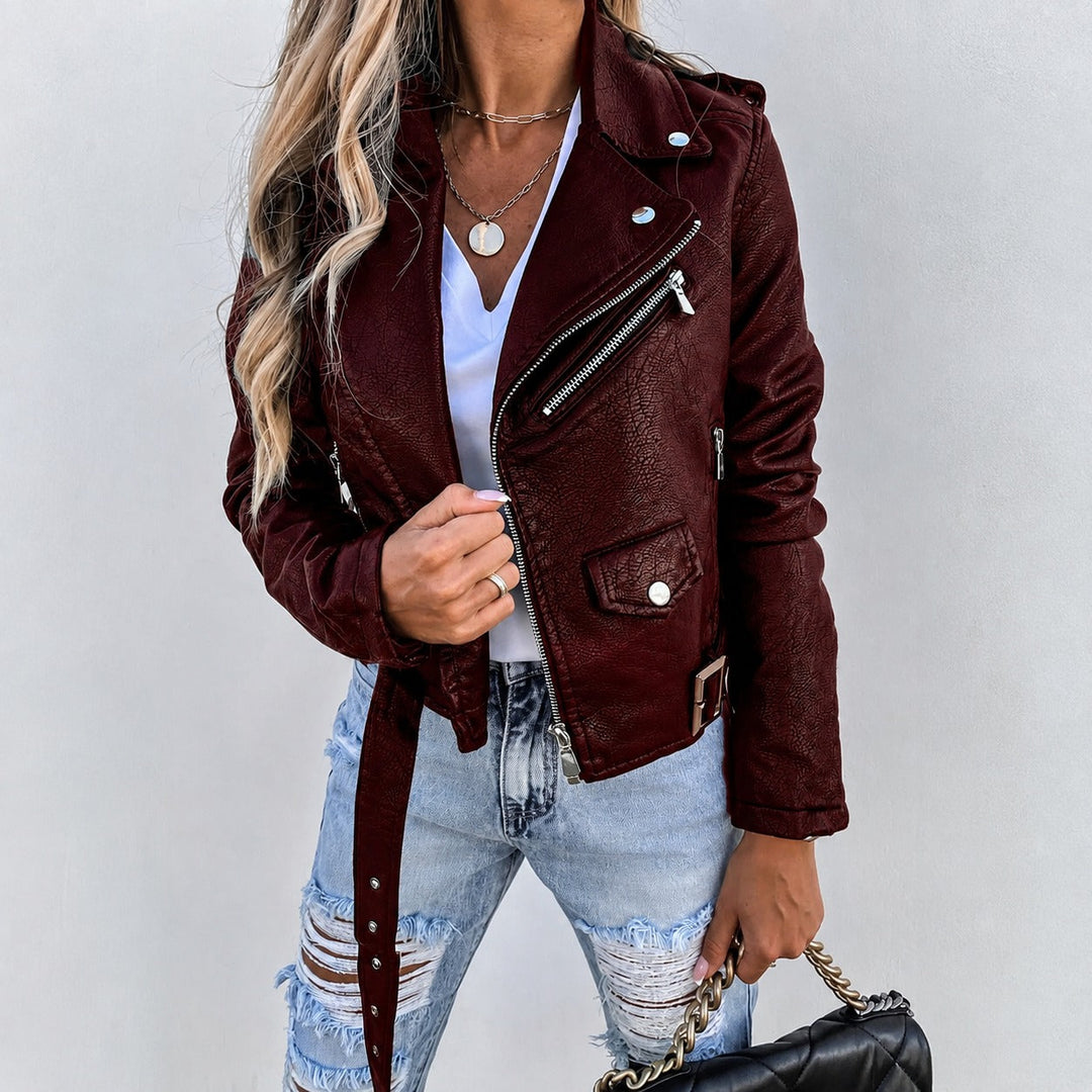 Jaqueta feminina elegante e versátil com zíper, ideal para looks casuais e chic de outono/inverno.