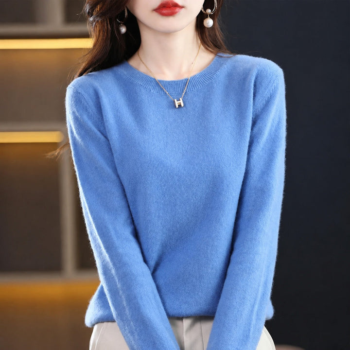 Suéter de tricot feminino, gola redonda, confortável e estiloso, perfeito para o inverno.