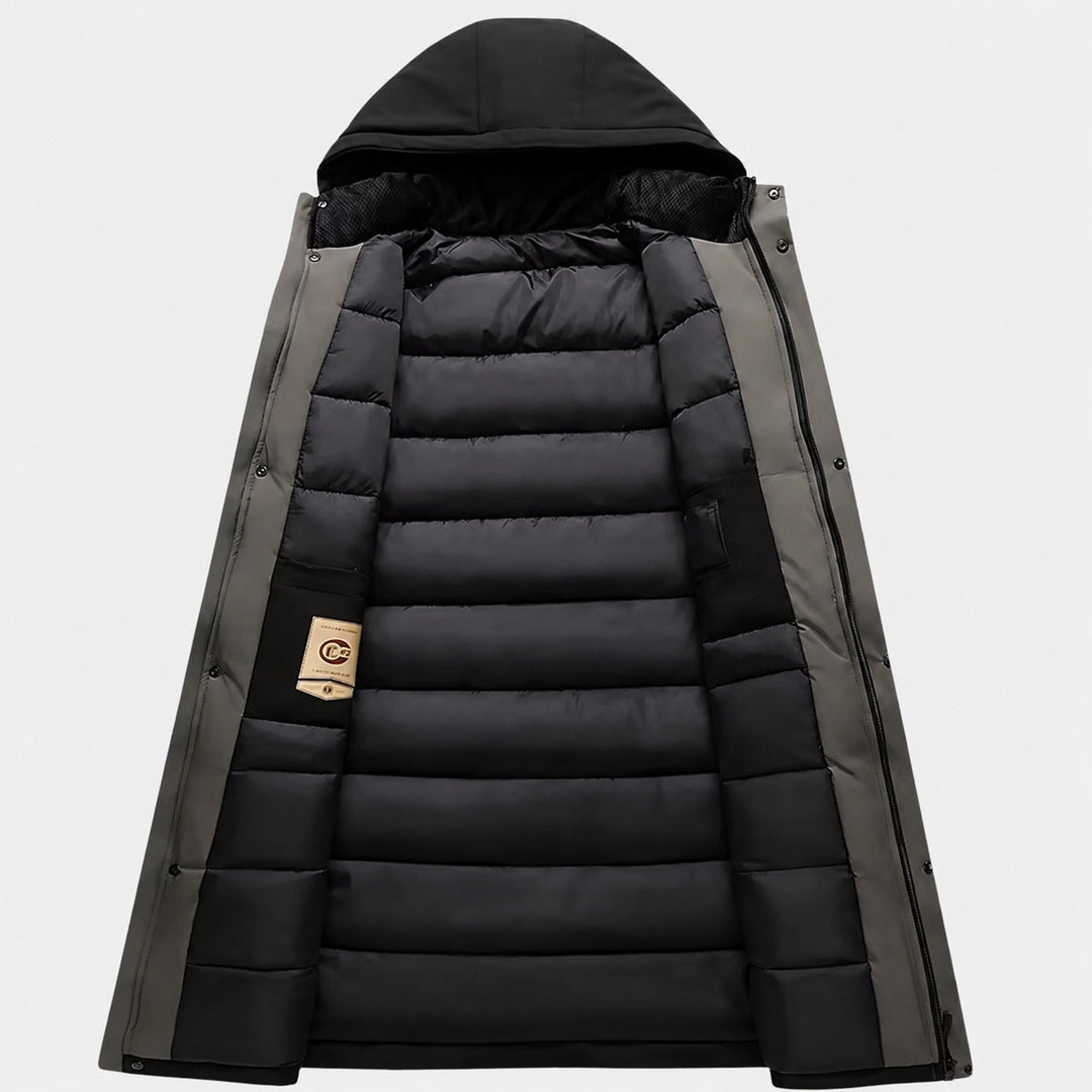 Casaco longo masculino para inverno rigoroso, quente e com capuz ajustável, perfeito para moda e proteção.